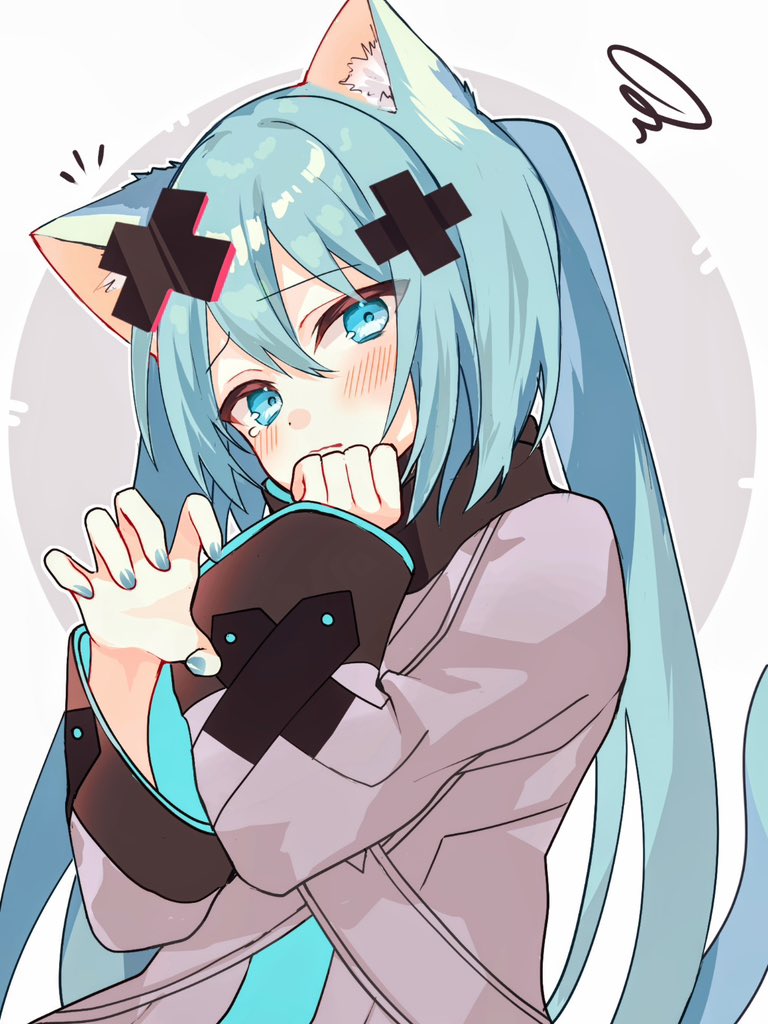 1girl, animal_ear_fluff, animal_ears, aqua_eyes, aqua_hair, aqua_nails, aqua_trim, batsu_miku