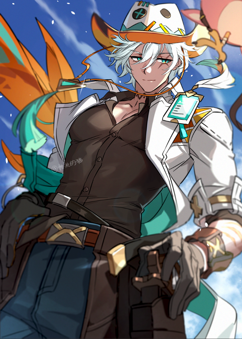 1boy, aqua_eyes, belt, black_gloves, black_shirt, blue_pants, blue_sky, blurry
