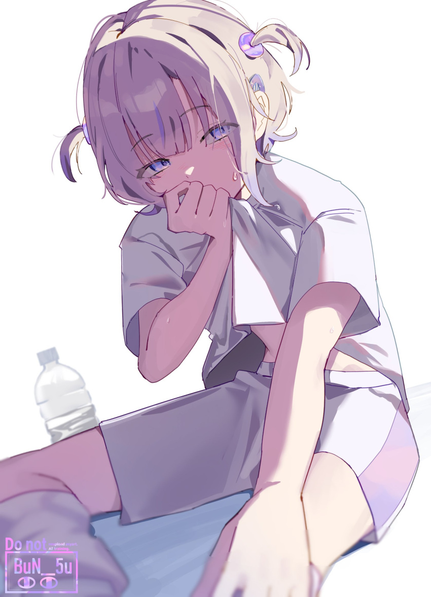 1girl, bottle, bun_(bun_5u), clothes_lift, covering_own_mouth, half-closed_eyes, highres, hololive