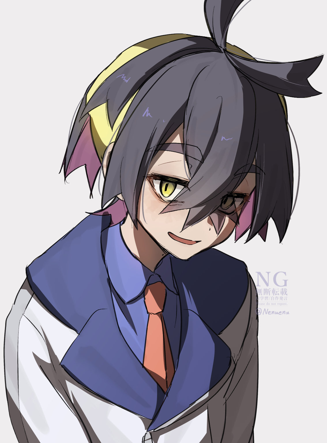 1boy, bags_under_eyes, black_hair, blue_shirt, collared_shirt, commentary_request, crossed_bangs, enudesuga