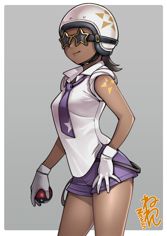 1girl, brown_hair, carmen_(pokemon), dark-skinned_female, dark_skin, gloves, helmet, holding