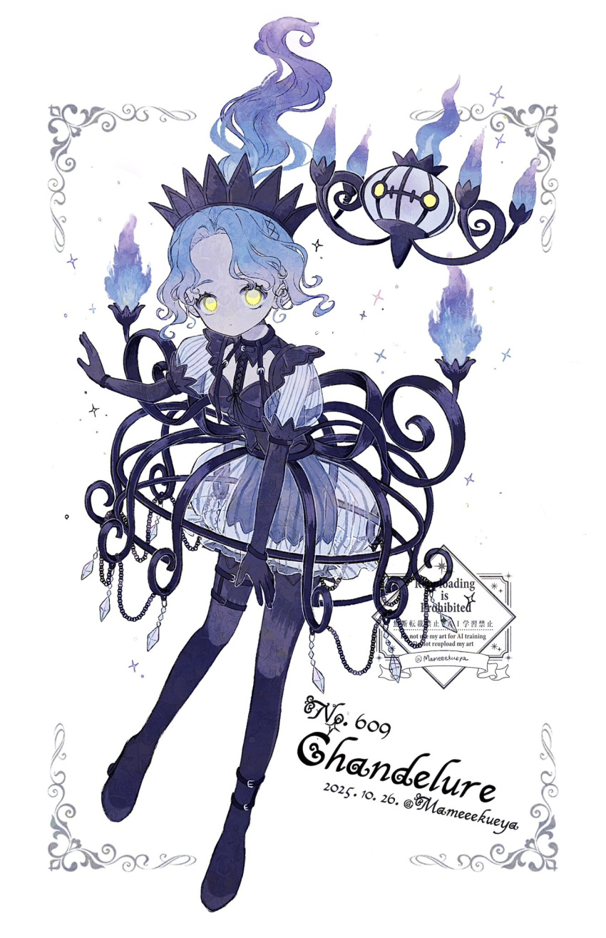 1girl, blue_fire, blue_hair, chandelure, chandelure_(cosplay), cosplay, crown, dress