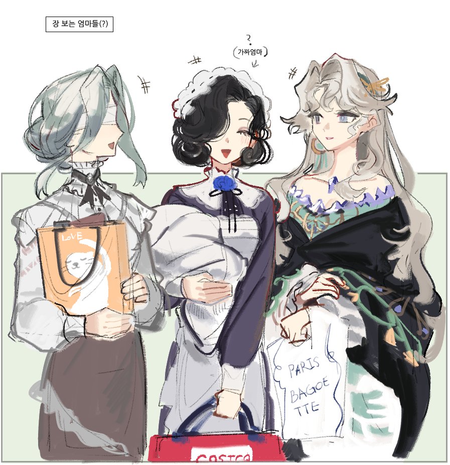 3girls, baby, bag, black_hair, blindfold, blonde_hair, dress, flower