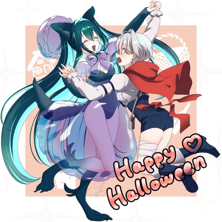 2girls, absurdres, ahoge, air_bubble, animal_costume, animal_ears, aqua_hair, bandaid