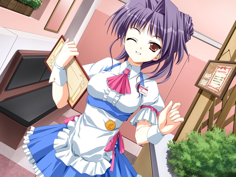 1girl, doko_e_iku_no_ano_hi, game_cg, kanno_touko, menu_board, mogi_kazuha, name_tag, non-web_source