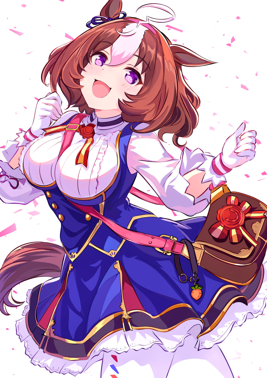 1girl, :d, absurdres, ahoge, animal_ears, bag, blue_dress, blue_ribbon, breasts, brown_hair, collared_shirt, commentary, cowboy_shot, dress, ear_ribbon, frilled_dress, frills, hair_between_eyes, hands_up, highres, horse_ears, horse_girl, horse_tail, kanon_(user_rrhr4244), large_breasts, long_sleeves, meisho_doto_(umamusume), multicolored_hair, open_mouth, pantyhose, pinafore_dress, ribbon, shirt, short_hair, sleeveless, sleeveless_dress, smile, solo, tail, two-tone_hair, umamusume, violet_eyes, white_hair, white_pantyhose, white_shirt