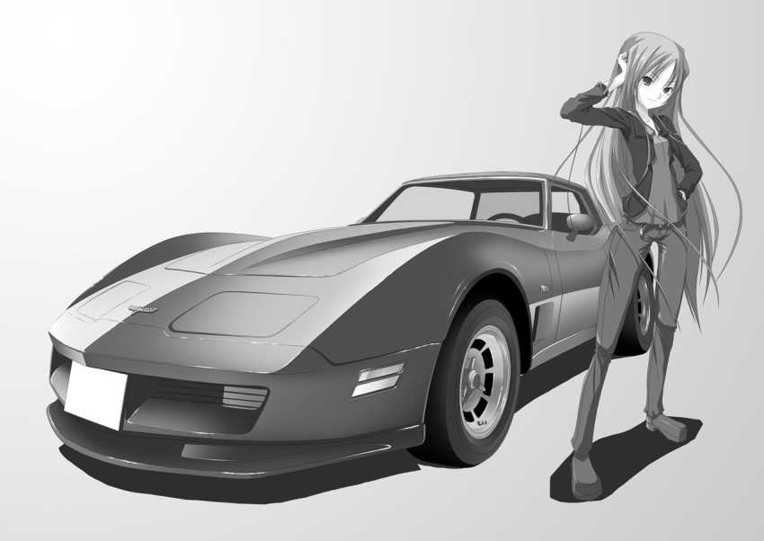 car, chevrolet, chevrolet_corvette, left-hand_drive, long_hair, monochrome, motor_vehicle, muscle_car, original, solo, standing, tomcat, vehicle