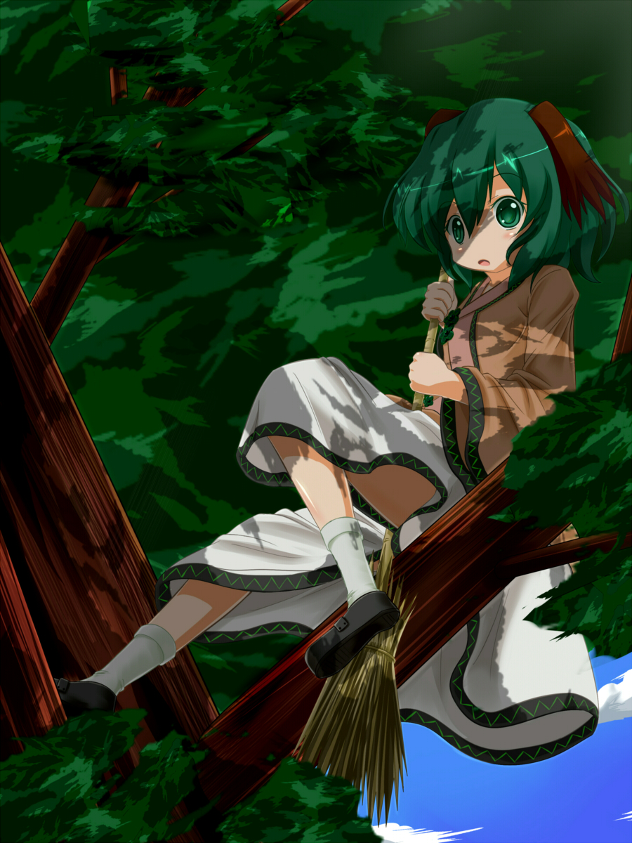 animal_ears, bamboo_broom, blush, broom, green_eyes, green_hair, highres, kasodani_kyouko