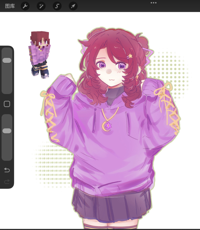 1girl, :3, art_program_in_frame, black_shirt, blush, bow, crossdressing, crossdressing_(mtf), highres, hood, hoodie, lanchi0226, minecraft_youtube, pink_bow, pink_eyes, pink_hoodie, reference_inset, shirt, simple_background, skirt, solo, sososhaun, two_side_up