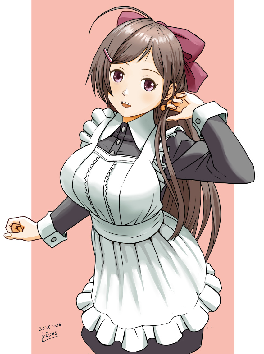 1girl, absurdres, ahoge, alternate_costume, apron, artist_name, black_dress, blush