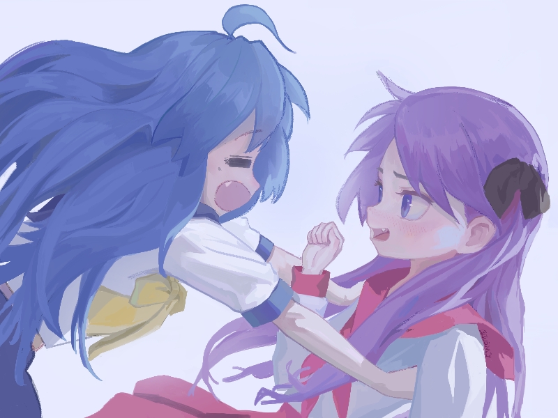 2girls, :o, =_=, ahoge, blue_hair, bow, bowtie, commentary_request, fang, gous_my, hand_up, hiiragi_kagami, imminent_hug, izumi_konata, long_hair, long_sleeves, looking_at_another, lucky_star, multiple_girls, neckerchief, open_mouth, outstretched_arms, purple_hair, reaching, reaching_towards_another, red_neckerchief, red_sailor_collar, ryouou_school_uniform, sailor_collar, school_uniform, shirt, short_sleeves, sideways_mouth, violet_eyes, white_background, white_shirt, yellow_bow, yellow_bowtie