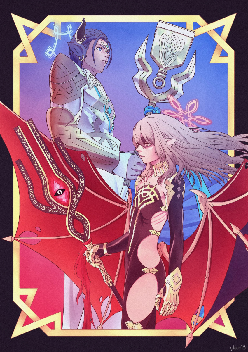 1boy, 1girl, abs, absurdres, animal_ears, artist_name, askr_(fire_emblem), bat_ears, black_bodysuit, black_hair, bodysuit, cape, commentary, covered_abs, cow_horns, dark-skinned_male, dark_skin, embla_(fire_emblem), eyepatch, fire_emblem, fire_emblem_heroes, gold_trim, halo, highres, holding, holding_staff, horns, lace_trim, long_hair, pale_skin, polar_opposites, red_eyes, staff, very_long_hair, white_bodysuit, white_hair, ykjun18