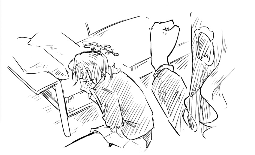 2girls, blue_archive, clenched_hand, commentary_request, couch, fuyu_(blue_archive), greyscale, halo