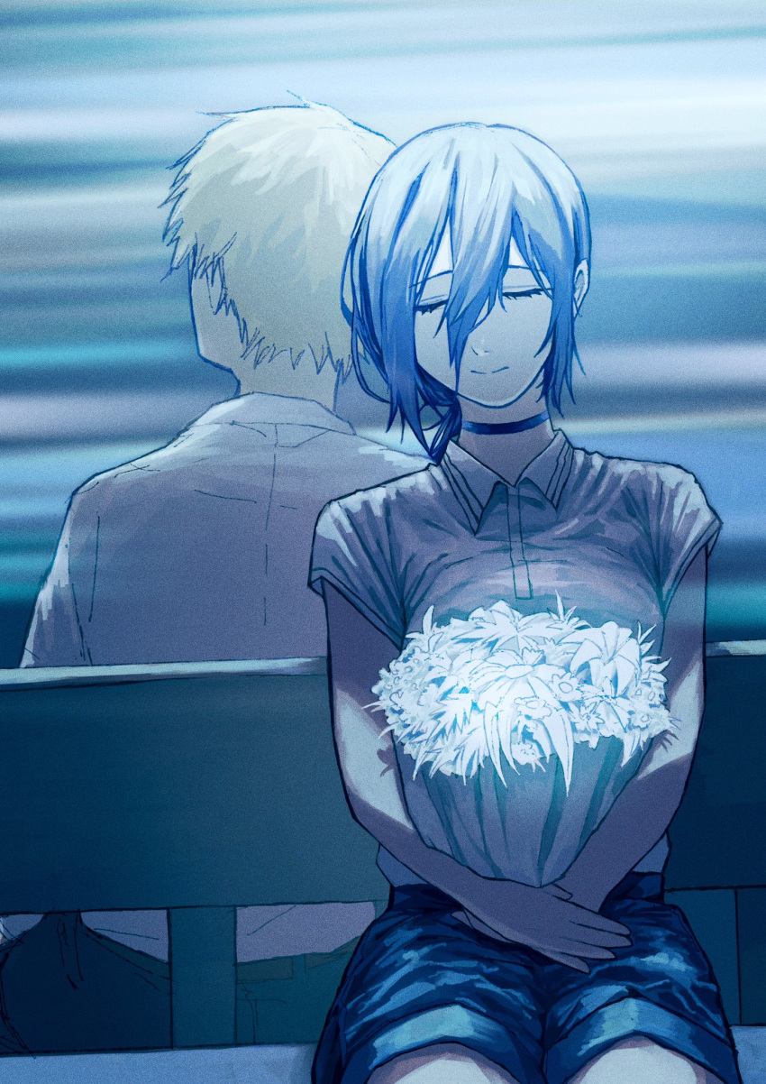 1boy, 1girl, bench, black_choker, black_shorts, blonde_hair, bouquet, chainsaw_man, choker, closed_eyes, closed_mouth, collared_shirt, commentary_request, denji_(chainsaw_man), hair_between_eyes, highres, holding, holding_bouquet, long_hair_between_eyes, maaka_4441, on_bench, polo_shirt, reze_(chainsaw_man), shirt, short_hair, shorts, sitting, white_shirt