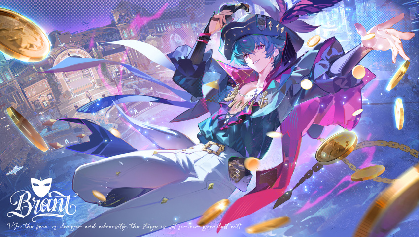 1boy, anchor_ornament, arms_up, belt, belt_buckle, black_hat, blue_hair, blue_shirt