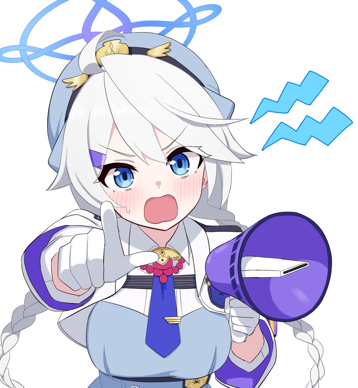 1girl, blue_archive, blue_eyes, blue_halo, blush, gloves, halo, hat