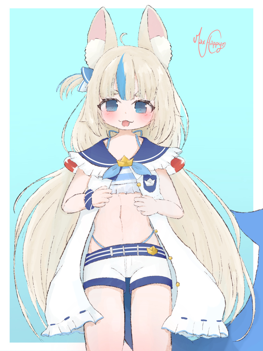 1girl, absurdres, animal_ear_fluff, animal_ears, blonde_hair, blue_eyes, blue_streaks, cat_ears, dress, fins, fish_girl, fish_tail, highres, indie_virtual_youtuber, long_hair, looking_at_viewer, low_twintails, maxhappy, multicolored_hair, navel, sameko_saba, solo, streaked_hair, tail, twintails, very_long_hair, virtual_youtuber, white_dress