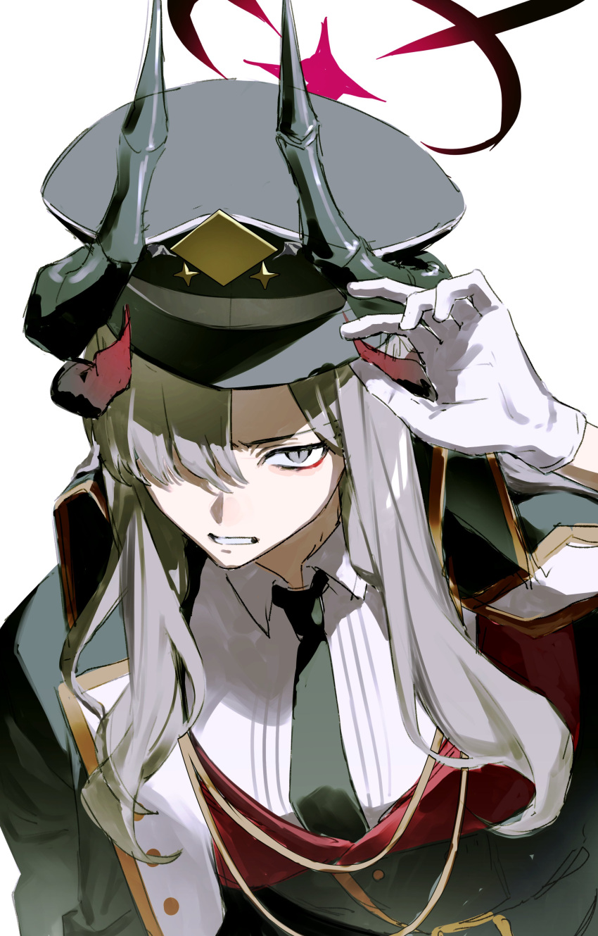 1girl, 333takoyaki, absurdres, black_horns, black_necktie, blue_archive, breasts, clenched_teeth, coat, coat_on_shoulders, commentary_request, gloves, grey_eyes, grey_hair, hair_over_one_eye, halo, hat, highres, horns, long_hair, makoto_(blue_archive), multiple_horns, necktie, peaked_cap, shirt, simple_background, solo, teeth, upper_body, white_background, white_gloves, white_shirt