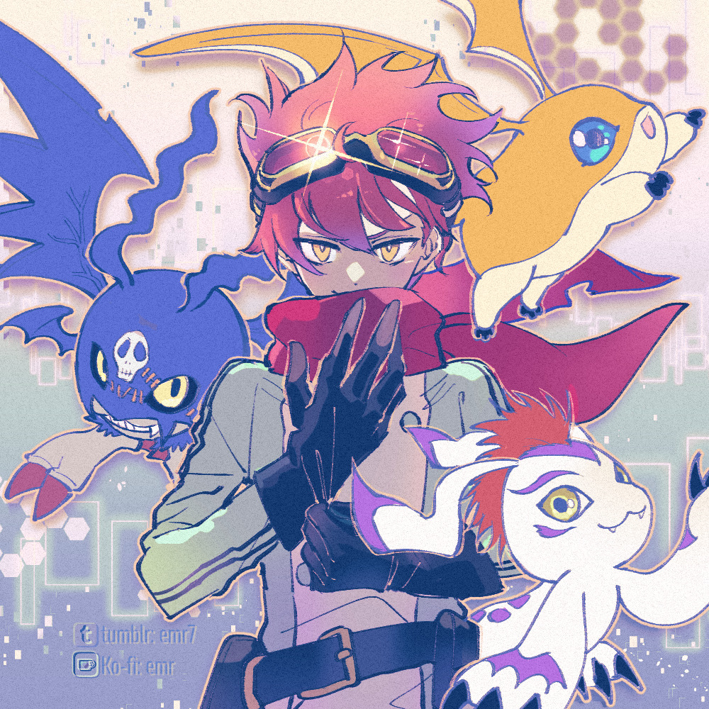 1boy, bandana, bandana_around_neck, belt, black_gloves, blue_eyes, demon_wings, digimon