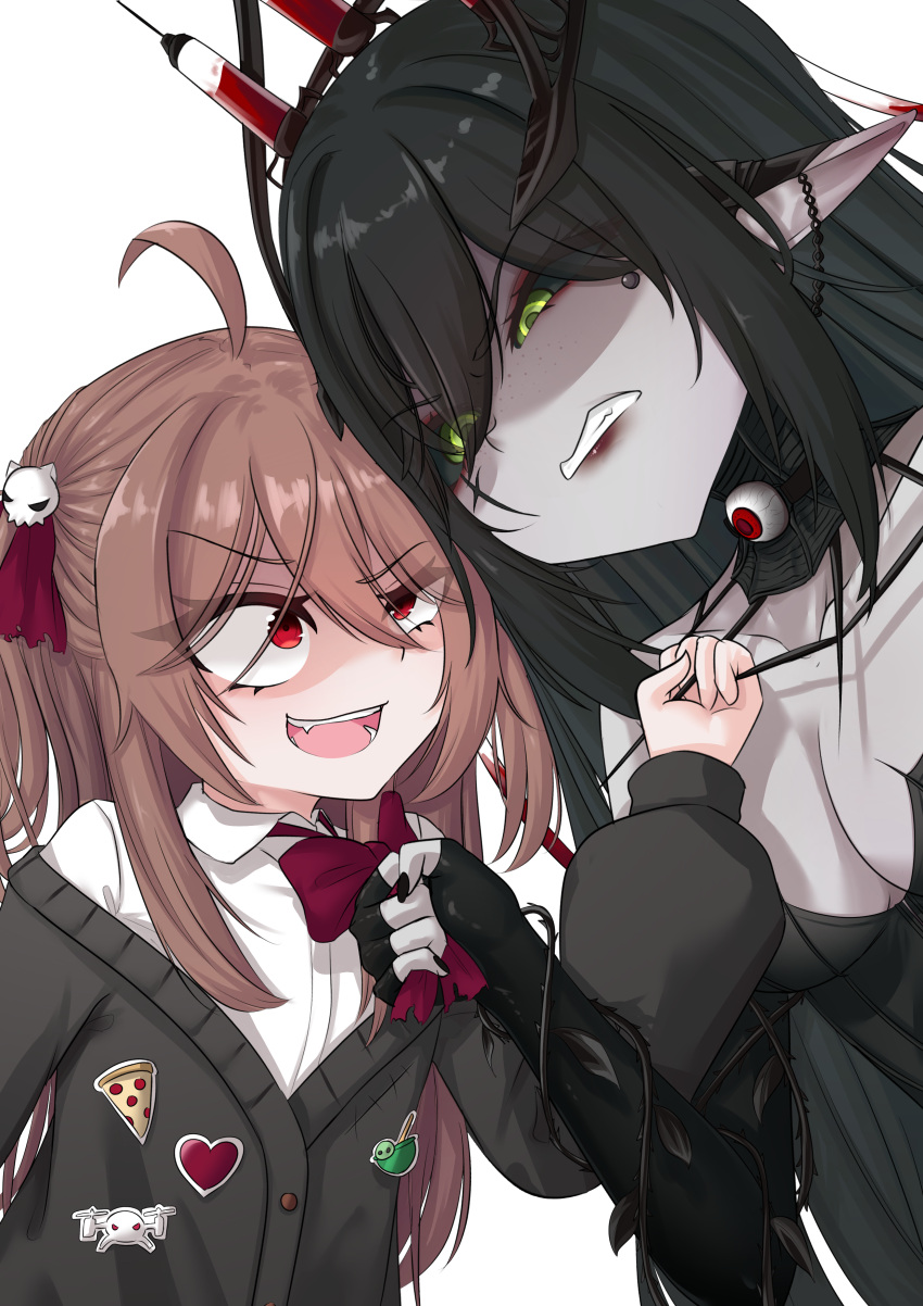 absurdres, ahoge, anger_vein, angry, black_cardigan, black_dress, black_hair, black_sclera, bow, bowtie, cardigan, colored_sclera, dress, evil_neuro-sama, fingerless_gloves, gloves, green_eyes, hair_ornament, highres, indie_virtual_youtuber, layna_lazar, long_hair, monotoxy, neuro-sama, open_mouth, pale_skin, pulling_another's_clothes, red_bow, red_bowtie, red_eyes, ritspi, shirt, skull_hair_ornament, standing, vedal_ai, white_background, white_shirt
