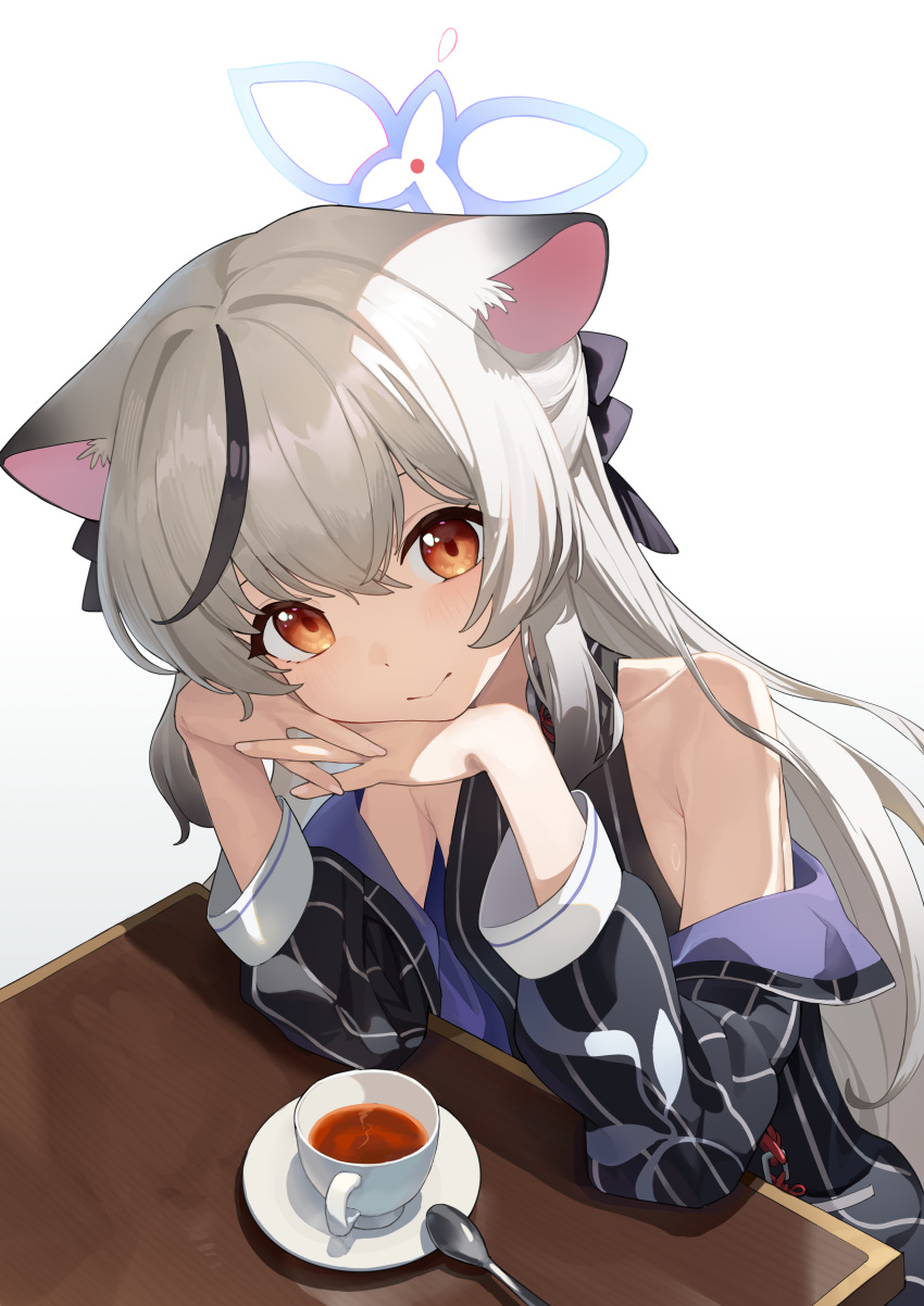 1girl, absurdres, animal_ears, bare_shoulders, black_dress, black_jacket, blue_archive, blue_halo