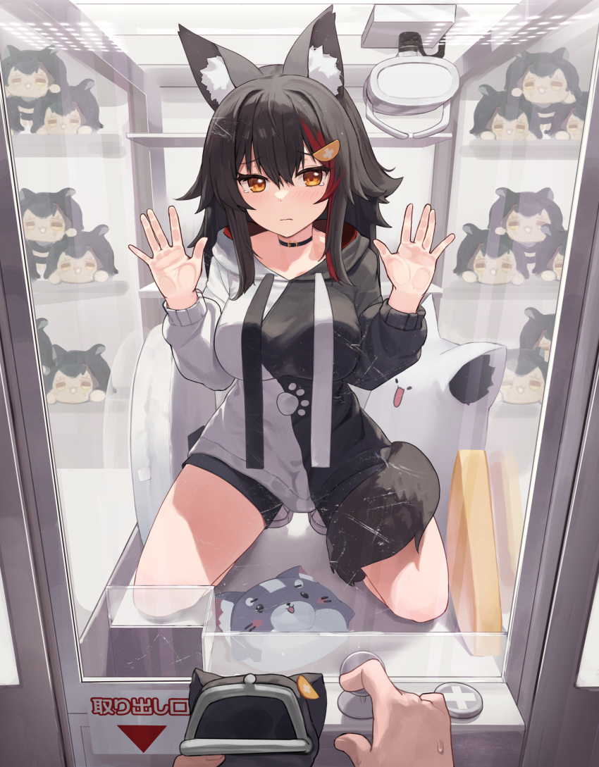 1girl, absurdres, animal_ear_fluff, animal_ears, black_choker, black_hair, black_hoodie, black_shorts