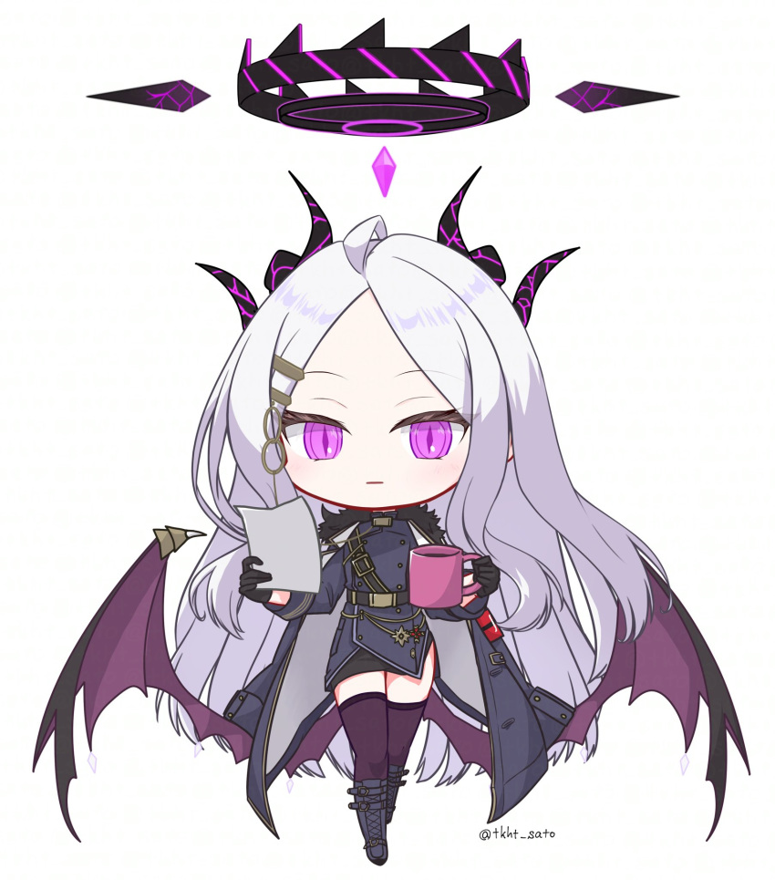 1girl, ahoge, armband, black_coat, black_gloves, black_halo, black_skirt, black_thighhighs, blue_archive, chibi, coat, coat_on_shoulders, demon_girl, demon_horns, demon_wings, full_body, gloves, halo, highres, hina_(blue_archive), horns, long_hair, looking_at_viewer, low_wings, red_armband, skirt, solo, standing, thigh-highs, thighs, tkht_sato, very_long_hair, violet_eyes, white_hair, wings