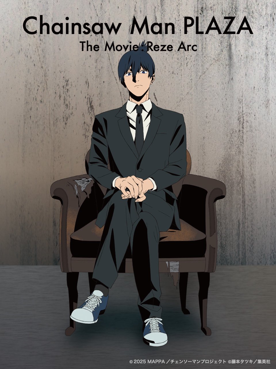 1boy, artist_request, black_hair, black_necktie, black_pants, black_suit, chainsaw_man, chair