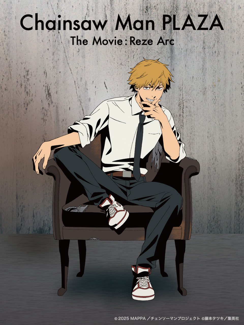 1boy, artist_request, black_necktie, black_pants, blonde_hair, chainsaw_man, chair, collared_shirt