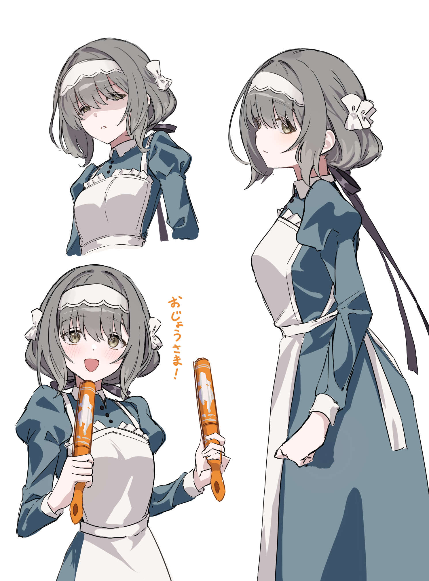 1girl, apron, black_ribbon, blue_dress, blush, commentary, dress, gakuen_idolmaster