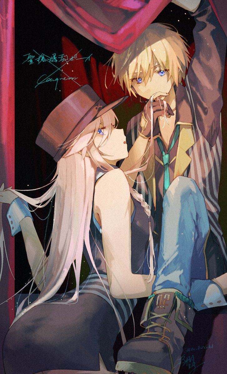 1boy, 1girl, conqueror_(cevio), couple, fuyuki_eru, highres, ia_(vocaloid), kagamine_len