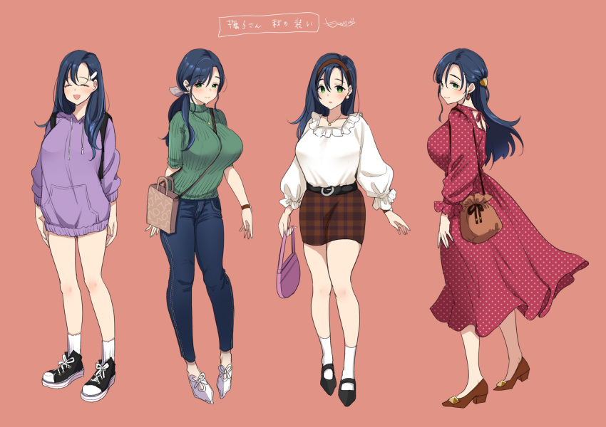 1girl, ^_^, bag, belt, black_belt, black_shoes, blue_hair, blue_pants