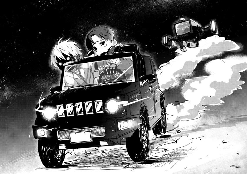 2boys, car, cyborg, driving, greyscale, highres, kswmt3, kurt_cramer