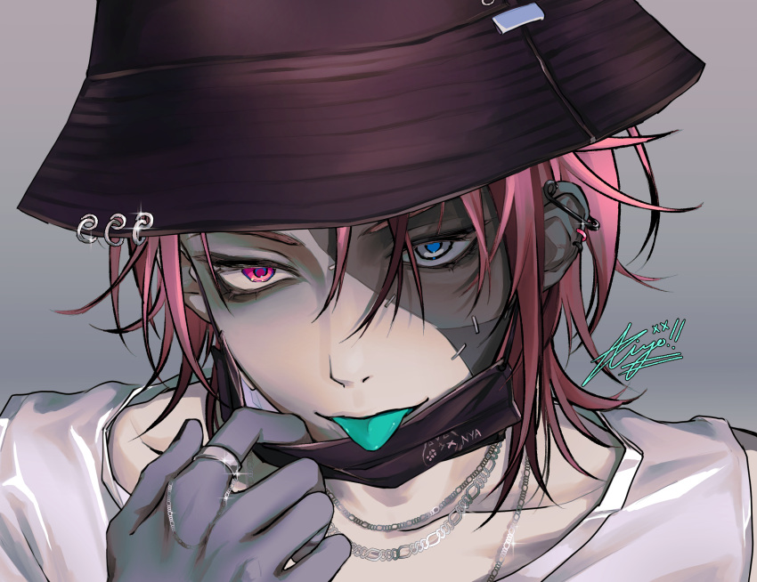 bucket_hat, chain, colored_skin, earrings, first_stage_production, grey_skin, hat, highres