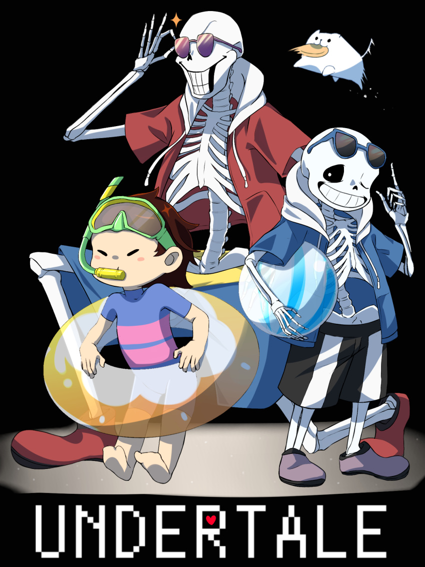 1other, 2021, 2boys, 2d, ambiguous_gender, animal, annoying_dog, ball, barefoot, beach_ball, black_background, black_shorts, blue_jacket, blue_shorts, blue_swimsuit, brothers, brown_hair, child, copyright_name, digital_media, dog, double_horizontal_stripe, drawstring, effort_kai, eyewear_on_head, frisbee, frisk_(undertale), full_body, height_difference, highres, holding, holding_ball, hollow_eyes, hood, hood_down, hooded_jacket, horizontal-striped_clothes, human, humanoid, index_finger_raised, innertube, jacket, male, monster, monster_boy, multiple_boys, on_one_knee, one-piece_swimsuit, open_clothes, open_jacket, papyrus_(undertale), pink_shoes, pink_stripes, red_jacket, red_shoes, sans_(undertale), shirt, shoes, short_hair, shorts, siblings, simple_background, single_vertical_stripe, skeleton, snorkel, standing, striped_clothes, striped_shorts, striped_swimsuit, sunglasses, swim_ring, swimsuit, teeth, text, two-tone_swimsuit, undead, undertale, utdr_(toby_fox), vertical-striped_clothes, vertical-striped_shorts, white_dog, white_fur, white_hood, white_shirt, white_stripes