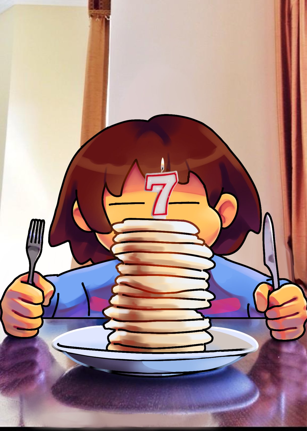 1other, 2022, 2d, ambiguous_gender, anniversary, blue_shirt, brown_hair, candle