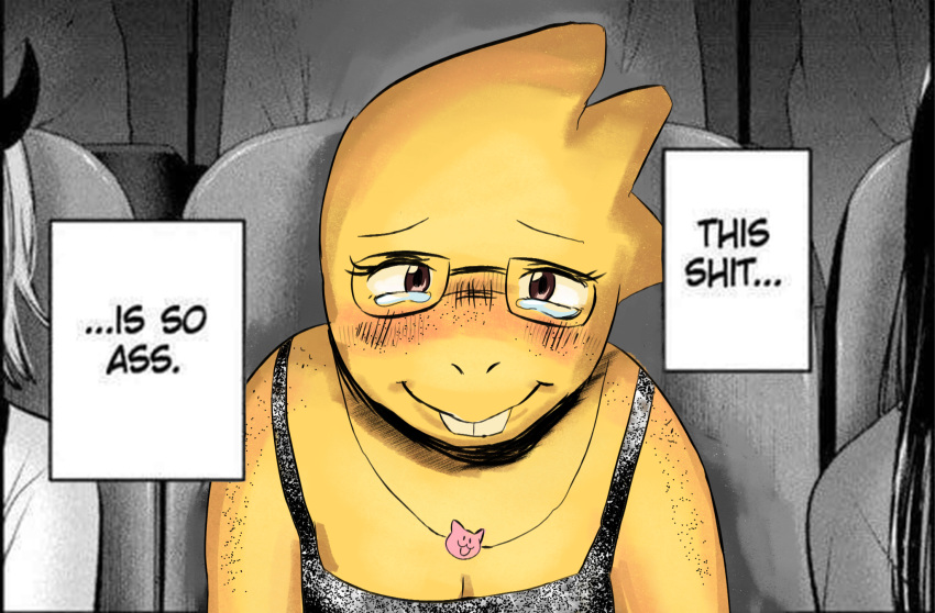 1girl, 2025, 2d, alphys, alternate_costume, anthro, buck_teeth, cat_necklace, colored_skin, crying, crying_with_eyes_open, derivative_work, digital_media, dinosaur, dinosaur_girl, dress, english_text, female, freckles, glasses, highres, indoors, jewelry, lizard, lizard_girl, meme, monster, monster_girl, movie_theater, necklace, oshi_no_ko, parody, portrait, profanity, reptile, reptile_girl, scalie, solo_focus, straight-on, tears, teeth, text, theater, theater_seating, this_shit_is_so_ass_(meme), uchulups, undertale, utdr_(toby_fox), variant_set, yellow_eyes, yellow_skin