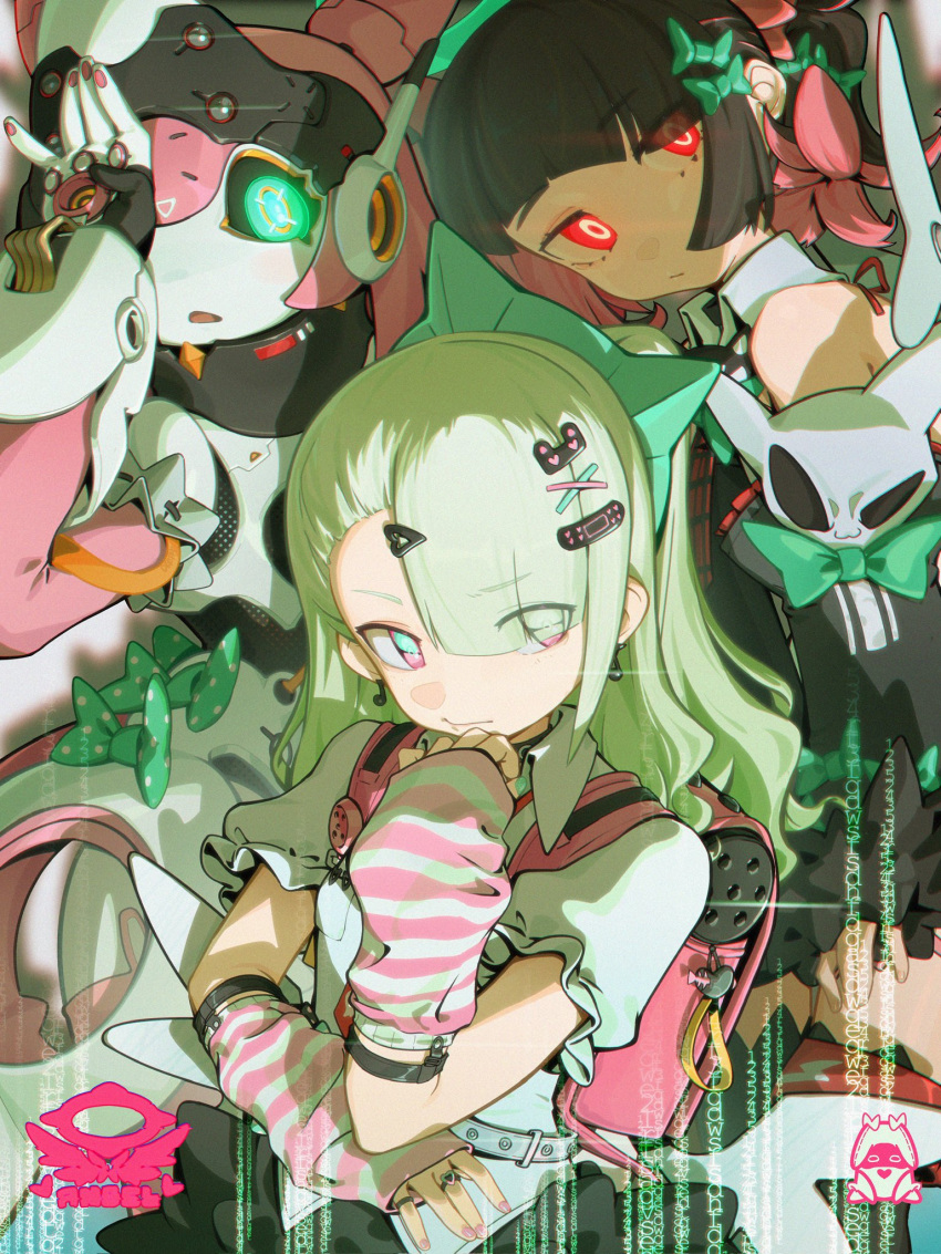 3girls, arm_warmers, asymmetrical_bangs, backpack, bag, black_hair, black_sclera, chinatsu_remiel, colored_sclera, deejey0126, earrings, glowing, glowing_eyes, gradient_eyes, green_eyes, green_hair, hair_ornament, hairpin, highres, humanoid_robot, idol, jewelry, joints, long_hair, looking_at_viewer, multicolored_eyes, multicolored_hair, multiple_girls, multiple_hairpins, pink_bag, pink_hair, randoseru, red_eyes, robot, robot_girl, robot_joints, rokudu_sariel, shirt, twintails, white_shirt, yutane_johiel, zenless_zone_zero