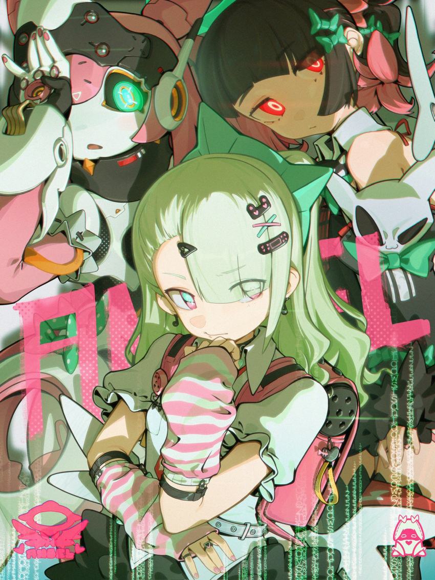 3girls, arm_warmers, asymmetrical_bangs, backpack, bag, black_hair, black_sclera, chinatsu_remiel, colored_sclera, deejey0126, earrings, glowing, glowing_eyes, gradient_eyes, green_eyes, green_hair, hair_ornament, hairpin, highres, humanoid_robot, idol, jewelry, joints, long_hair, looking_at_viewer, multicolored_eyes, multicolored_hair, multiple_girls, multiple_hairpins, pink_bag, pink_hair, randoseru, red_eyes, robot, robot_girl, robot_joints, rokudu_sariel, shirt, twintails, white_shirt, yutane_johiel, zenless_zone_zero