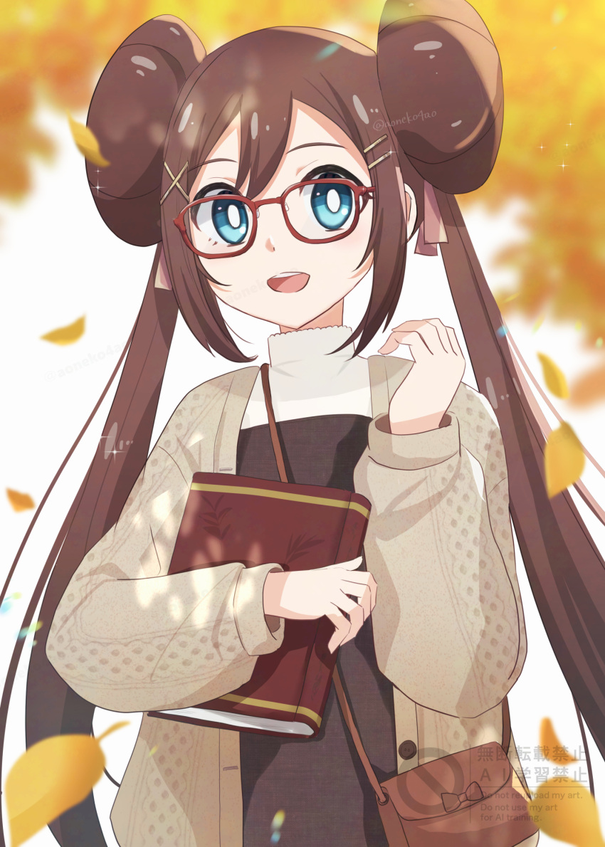 1girl, :d, alternate_costume, aoneko4ao_(edwf7745), bag, bespectacled, blue_eyes, book, bright_pupils, brown_bag, brown_hair, cardigan, commentary_request, double_bun, falling_leaves, glasses, hair_bun, highres, holding, holding_book, leaf, long_hair, long_sleeves, open_cardigan, open_clothes, open_mouth, outdoors, pokemon, pokemon_bw2, rosa_(pokemon), shoulder_bag, sidelocks, smile, solo, teeth, twintails, upper_body, upper_teeth_only, watermark, white_pupils