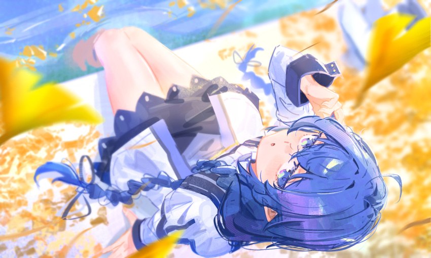 1girl, :o, ahoge, autumn_leaves, black_skirt, blue_eyes, blue_hair, braid