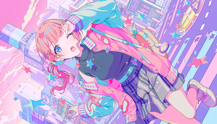 1girl, ;o, apple, belt, black_shirt, blue_belt, blue_eyes, bone