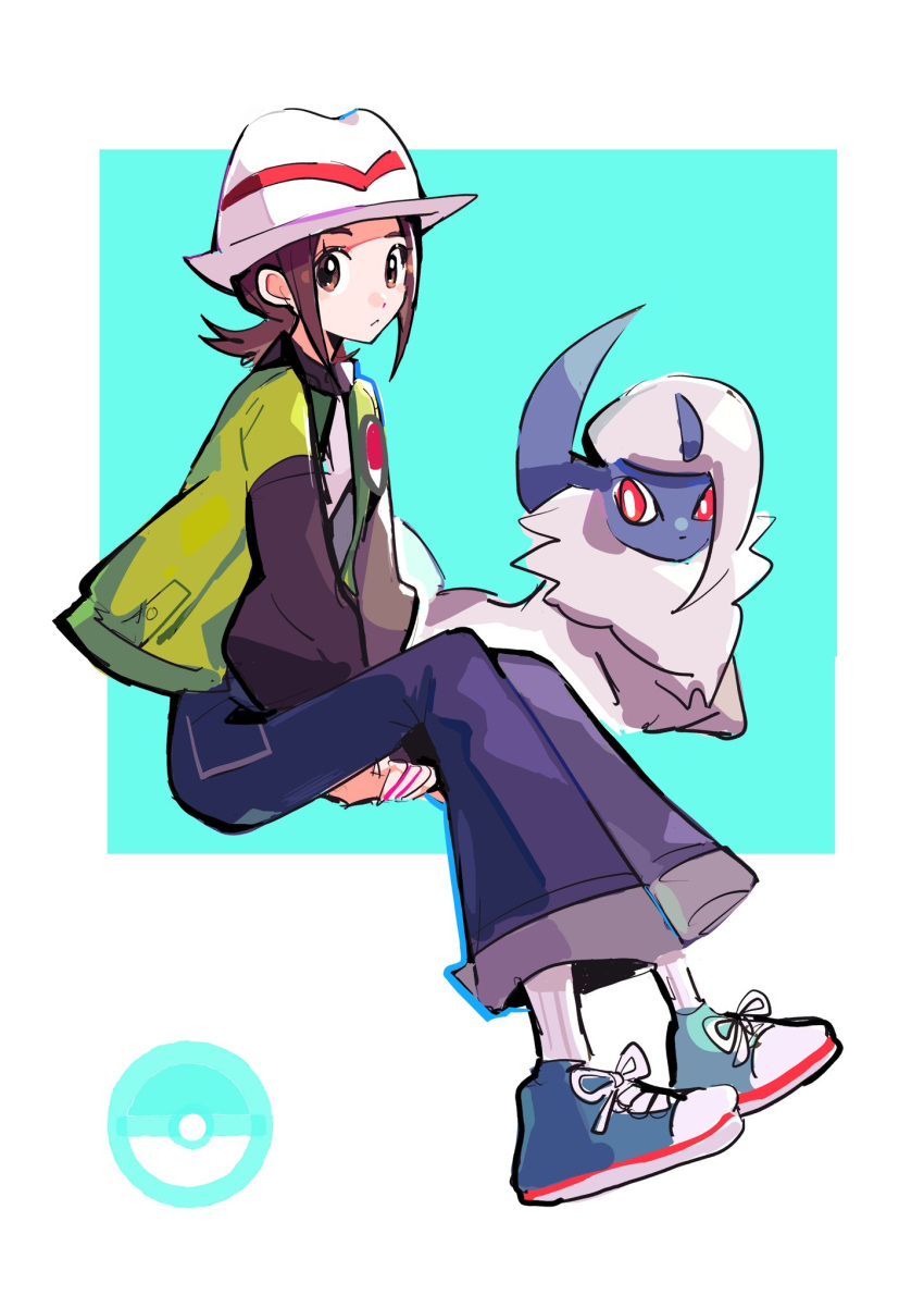 1girl, absol, bell-bottoms, blue_pants, breasts, brown_eyes, brown_hair, closed_mouth