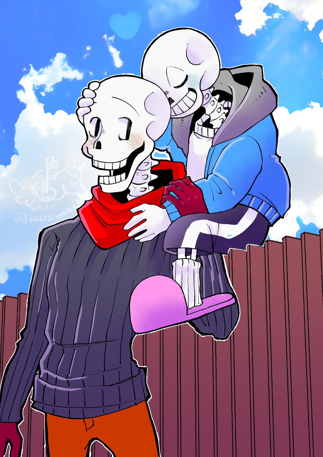 2024, 2boys, 2d, alternate_costume, artist_logo, artist_name, black_shorts, black_sweater