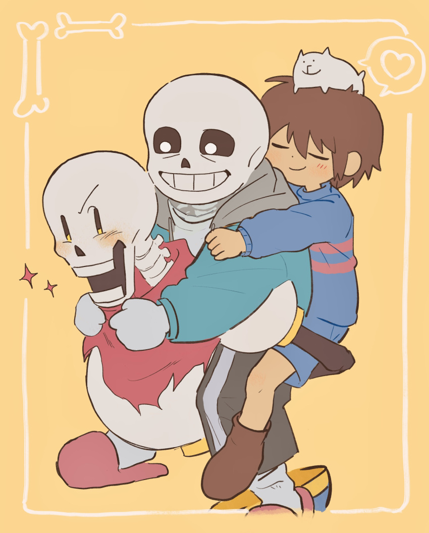 1other, 2024, 2boys, 2d, absurdres, ambiguous_gender, animal, animal_on_head, annoying_dog, armor, black_shorts, blue_jacket, blue_shirt, blue_shorts, border, brothers, brown_hair, brown_hood, cape, carrying, carrying_person, derivative_work, digital_media, dog, frisk_(undertale), gloves, heart, height_difference, highres, hollow_eyes, hood, hood_down, hooded_jacket, horizontal-striped_clothes, human, humanoid, inset_border, jacket, male, monster, monster_boy, multiple_boys, open_clothes, open_jacket, orange_background, papyrus_(undertale), piggyback, pink_slippers, pink_stripes, red_boots, red_cape, red_gloves, redrawn, sans_(undertale), shirt, shomimima_(kkr_mimi16), short_hair, shorts, siblings, simple_background, skeleton, slippers, socks, spoken_heart, stacking, striped_clothes, striped_shirt, striped_shorts, teeth, two-tone_shirt, undead, undertale, utdr_(toby_fox), vertical-striped_clothes, vertical-striped_shorts, white_armor, white_dog, white_shirt, white_socks, white_stripes