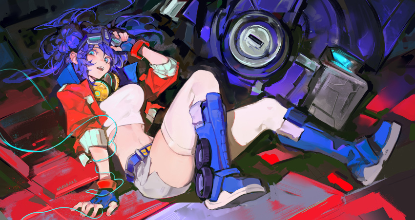 1girl, absurdres, belt, blue_belt, blue_boots, blue_eyes, blue_gloves, boots