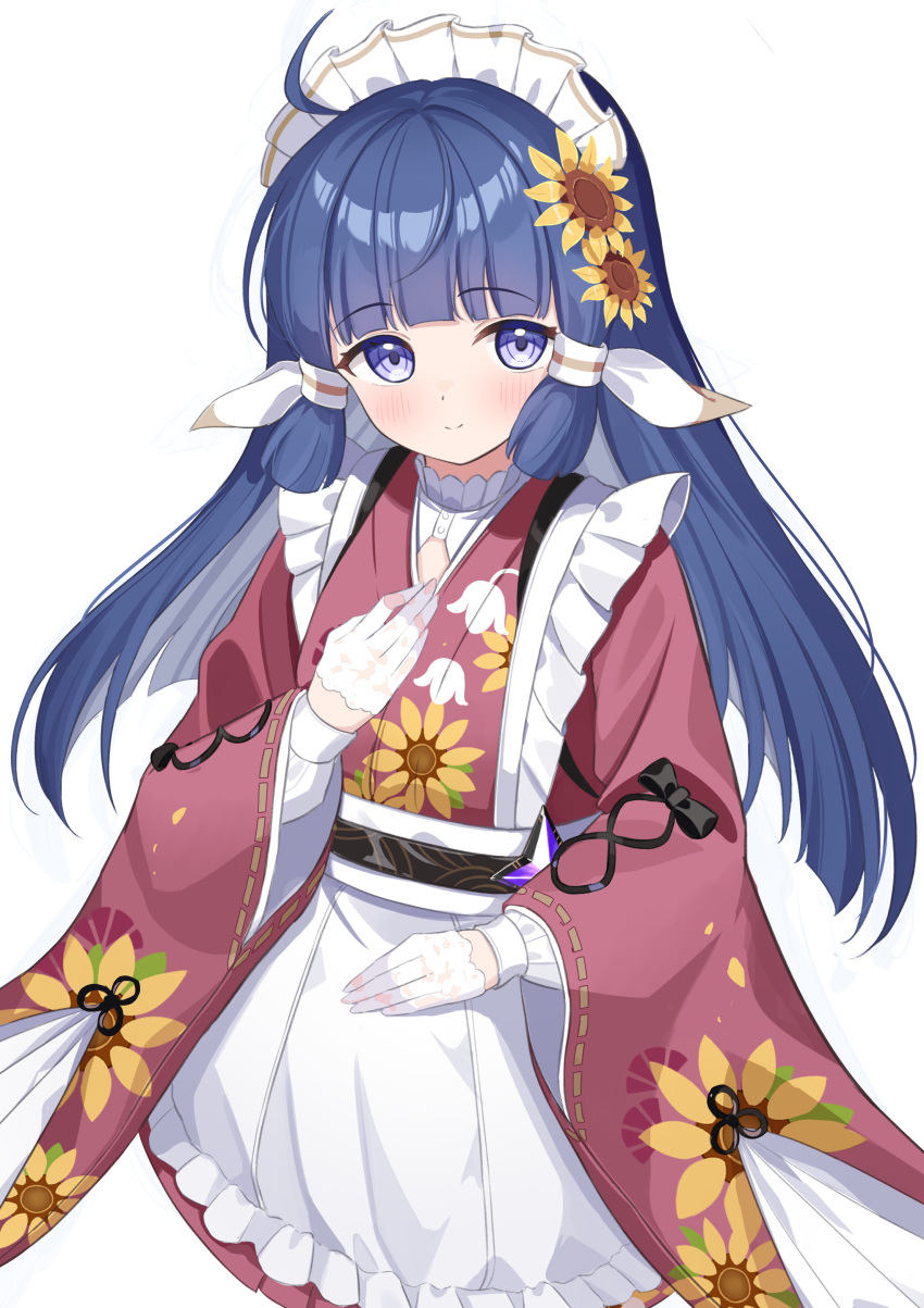 1girl, absurdres, ahoge, apron, blue_eyes, blue_hair, blunt_bangs, blush