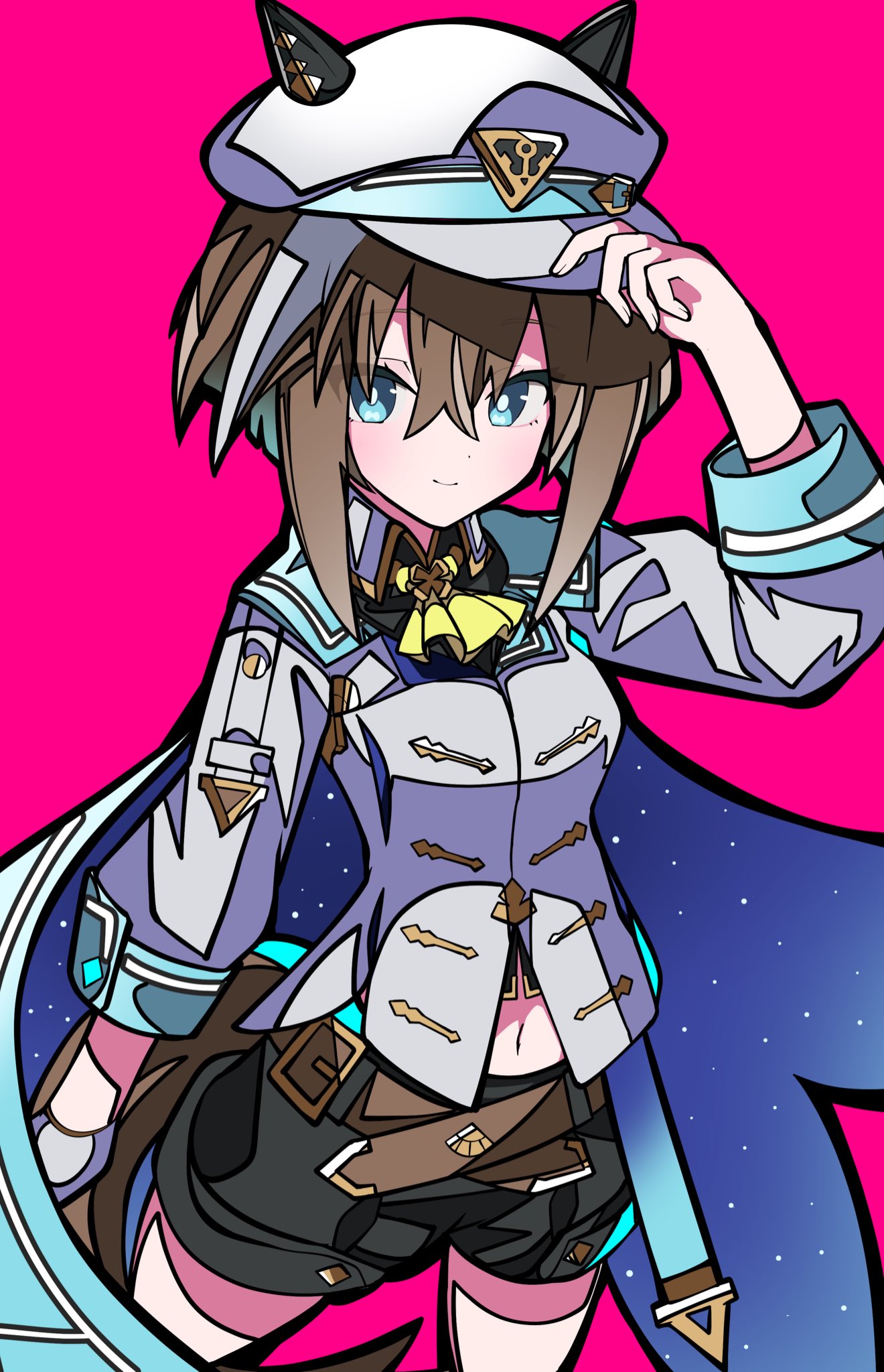 1girl, animal_ears, ascot, belt, black_shorts, blue_cape, blue_eyes, blush, breasts, brown_hair, cape, cheval_grand_(grand_itineraire)_(umamusume), cheval_grand_(umamusume), closed_mouth, ear_covers, ears_through_headwear, gloves, hair_between_eyes, hat, highres, horse_ears, horse_girl, horse_tail, jacket, kikkasoon, long_sleeves, looking_at_viewer, midriff, midriff_peek, multicolored_hair, navel, peaked_cap, pink_background, short_hair, shorts, simple_background, single_glove, smile, solo, streaked_hair, tail, umamusume, white_hair, white_hat, white_jacket, yellow_ascot