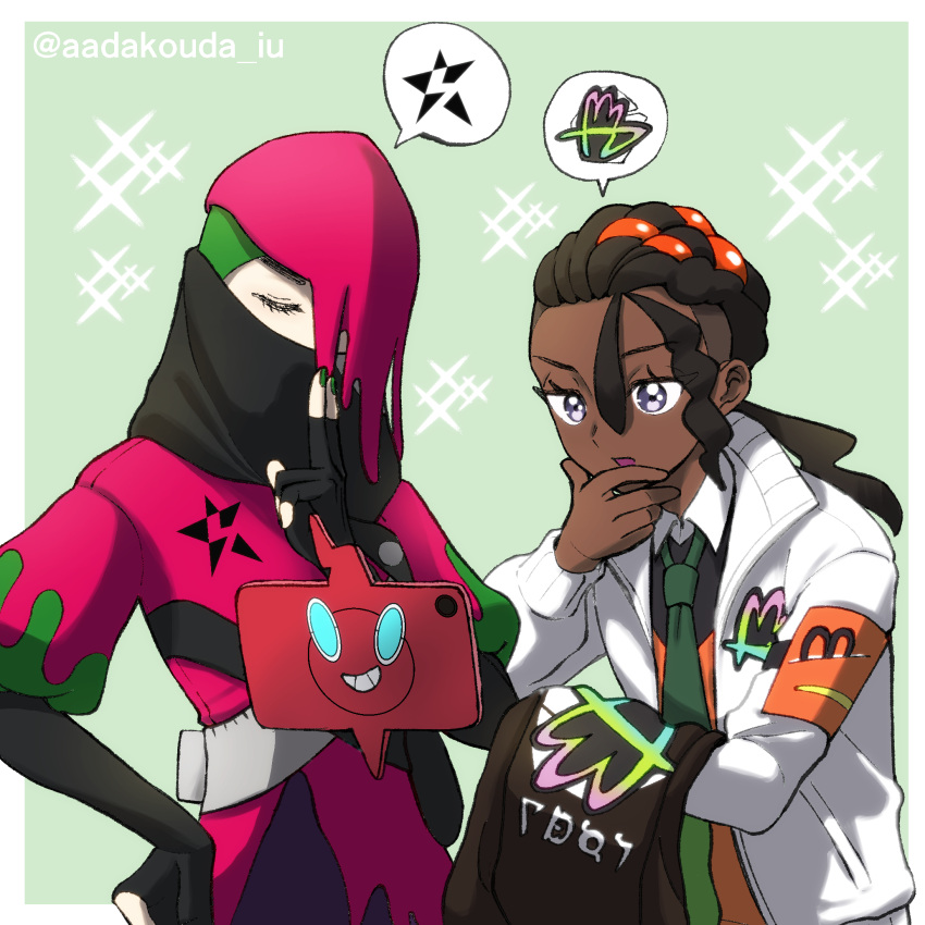 2boys, :d, aadakouda, atticus_(pokemon), black_shirt, closed_eyes, collared_shirt, commentary_request, dark-skinned_male, dark_skin, eyelashes, green_background, green_necktie, grey_eyes, hair_between_eyes, hand_on_own_chin, highres, jacket, long_hair, looking_down, male_focus, multiple_boys, nail_polish, naveen_(pokemon), necktie, open_clothes, open_jacket, open_mouth, orange_vest, pokemon, pokemon_legends:_z-a, pokemon_sv, rotom, rotom_phone, shirt, smile, stroking_own_chin, twitter_username, vest, white_jacket
