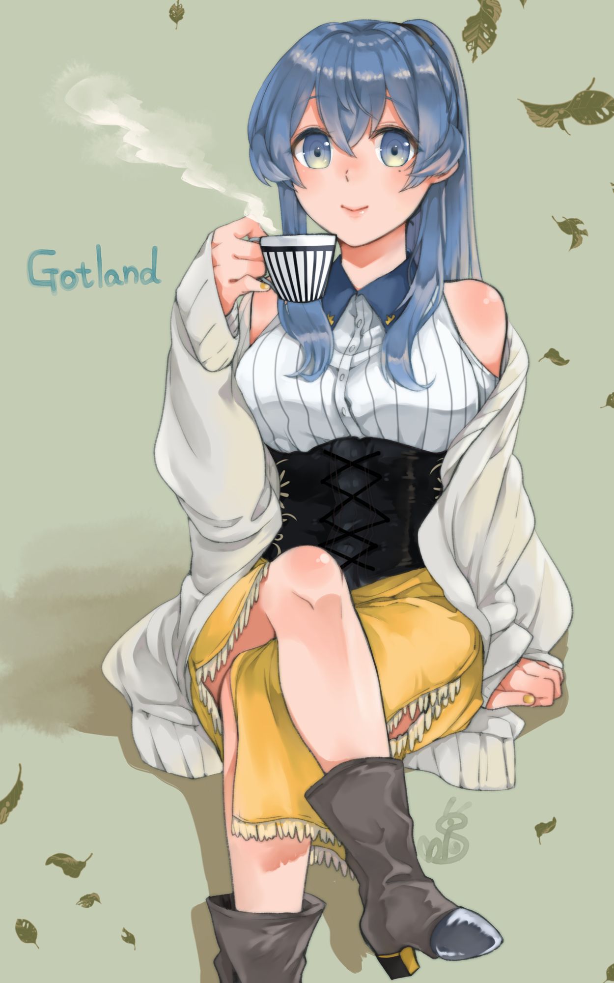 1girl, blue_eyes, blue_hair, boots, brown_boots, character_name, crossed_legs, cup